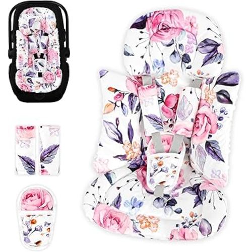 Pea Pod Infant Car Seat Insert with 3 Strap Covers, 3 in 1 Reversible Floral Baby Car Seat Head Support for Newborn, 3D Soft Minky Carseat Cushion for Preemie to Infant, Stroller, Swing, Bouncer