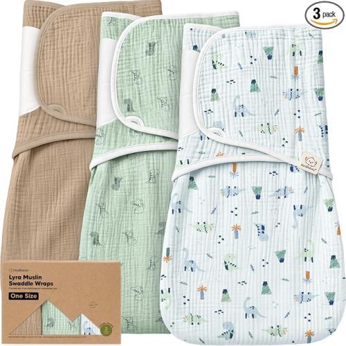 KeaBabies Muslin Baby Swaddles for Newborns, 3pk,100% Cotton(Dino Park, OS)