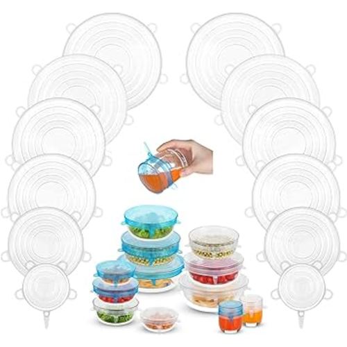 Silicone Stretch Lids, Zero Waste Reusable Silicon Container Lid Covers for Leftover Food Fruit Bowls Pots Cups Jars Dishes (White-12PCS)
