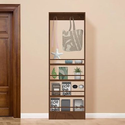 Behind Door Bookshelf, 23.6" Wide Wooden Wall Mount Shelf with Hooks, Space-Saving Storage for Kids & Adults, Perfect for Books, Toys, and More (Dark Walnut)