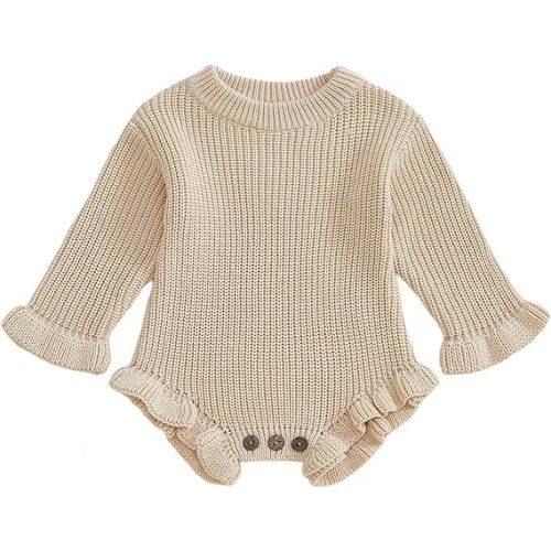 Mubineo Baby Girl Fall Winter Clothes Basic Plain Cute Sweater Romper Outfit Pullover Ruffle Long Sleeve Newborn Outfits (Beige, 3-6 Months)