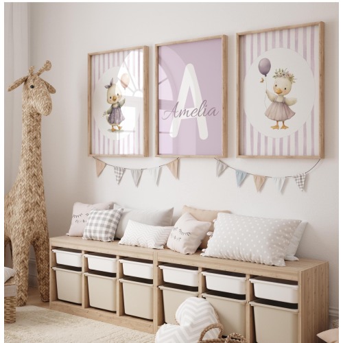 Purple Duck Nursery Art Set of 3: Custom Initial, Watercolor Prints