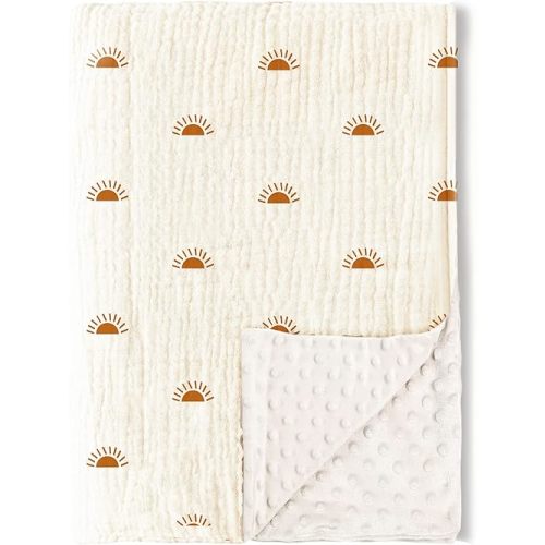 Konssy Baby Blankets for Unisex Boys Girls, Super Soft Nursery Minky Blankets with Muslin Cotton Front and Dotted Fleece Backing, Printed Bed Throws Newborn