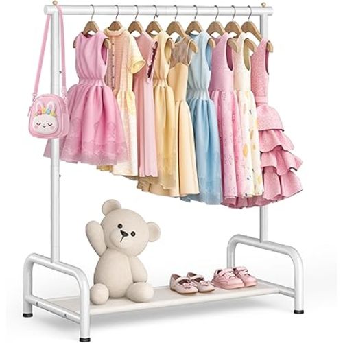 SLEEPING LAMB Kids Clothing Rack, Small Baby Clothes Rack with Bottom Storage Shelf, Kids Dress Up Rack Storage for Coats, Dance Costume Garment Rack for Hanging Clothes, White