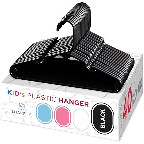 Sharpty Kids Plastic Hangers, Children's Hangers for Baby, Toddler, and Child Clothes - Everyday Standard Use - Ideal for Boys and Girls Closet, Clothing, Pants, Coats, and More - Black, 40 Pack