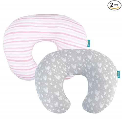 Biloban Nursing Pillow Cover 2 Pack Pink and Gray, Stretchy 100% Jersey Cotton Nursing Pillow Slipcovers for Moms Breastfeeding and Bottle Feeding Pillow, Large Zipper Ultra Soft Cover