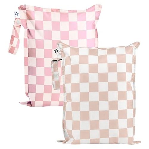 Tiny Twinkle Mess Proof Wet Bags | 2-Pack Reusable Waterproof Wet Bags| Baby Clothes | Travel & Diaper Bag (Pink, Brown Checkers)