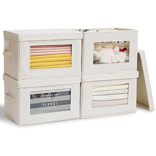 Citylife 4-Pack Storage Bins with Lids, Fabric Foldable Storage Bins with Soft Cord Handles, Cube Closet Storage Baskets with Lids, Organizers for Organizing Clothes and Books, Beige