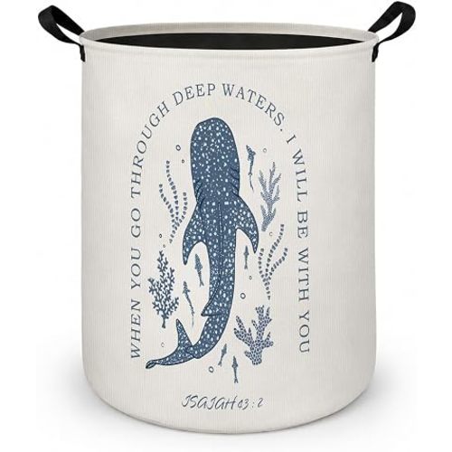 Whale Shark Christian Laundry Basket with Handles, Isaiah 43:2 Bible Verse Coastal Beach Laundry Hamper Waterproof Collapsible Clothes Toys Storage Organizer for Bedroom Bathroom Home