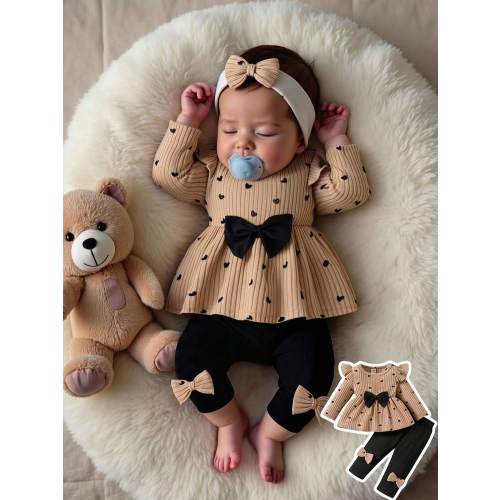 SHEIN Newborn Autumn/Spring Brown Soft Heart All-Over Print Black Bow Accent Knit Puff Sleeve Pullover Top Paired With Black Bow Accent Skinny Pants 2-Piece Set, Suitable For Outings, Casual, Sports, Christmas Parties | SHEIN USA