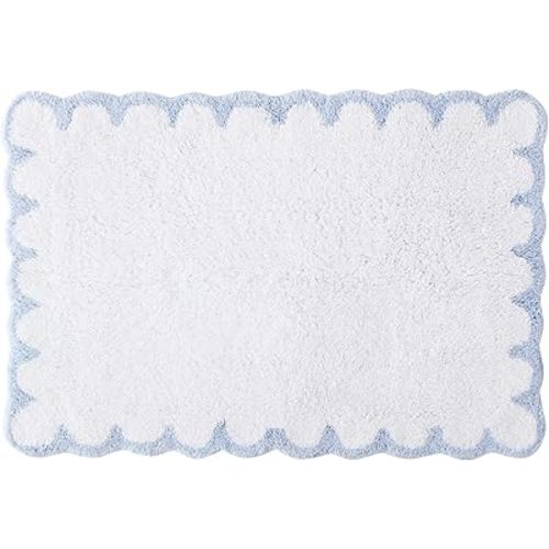 Peri Home Scalloped Bath Rug - Soft & Absorbent 100% Cotton Tufted Bath Mat, 20" x 30", White with Blue Scallop