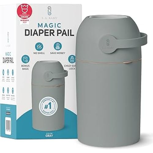 L.A. BABY Magic Diaper Pail - Patented 100% Odor-Free System with Child-Safe Lock - Award-Winning Design - No Refills Required - Works with Regular Trash Bags - Green