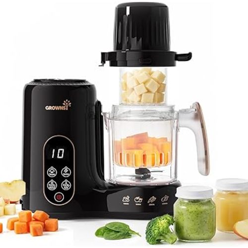 Grownsy Baby Food Maker with Dual-Layer Steam Basket | Baby Food Processor for Starting Solids & Babies 6+ Months | Steamer Blender & Puree Machine for Healthy Baby Food, BPA-Free,Black & Gold