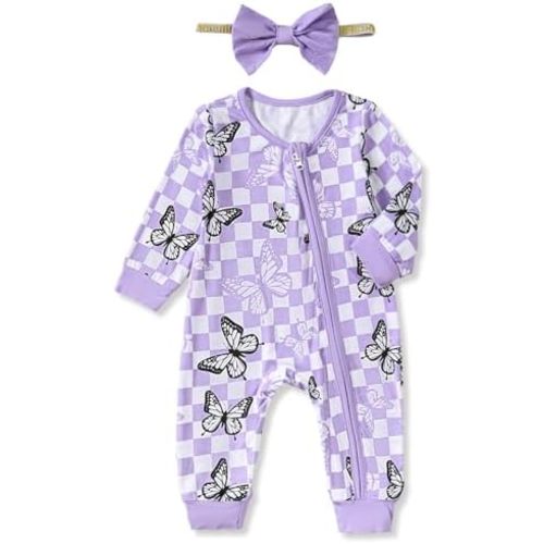 Mikrdoo Newborn Infant Baby Girl Clothes Fall Winter Outfits Long Sleeve Zipper Rompers with Headband
