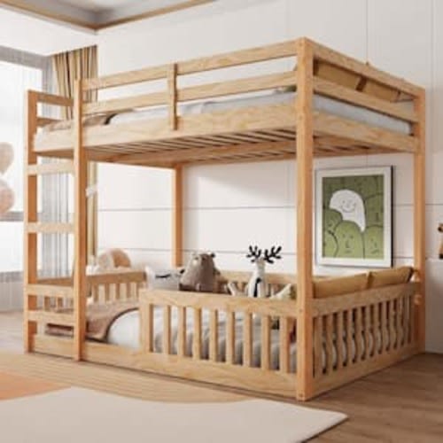 Natural Full Over Full Bunk Bed with Ladder and Guardrails
