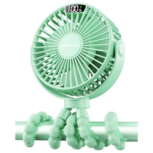 SWEETFULL Portable Stroller Fan with Display 4000mAh Battery Powered Mini Clip On Fan, 4-Speed Rechargeable Small Personal Cooling for Baby Car Seat Crib Travel - Green