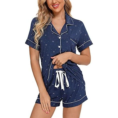 Anjue Womens Pajamas Set Short Sleeve Sleepwear Button Down Nightwear Shorts Soft Pj Sets S-XXL