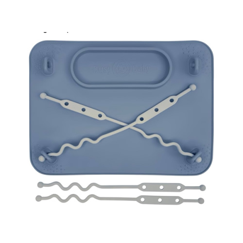 BUSY BABY Silicone Mat - New and Improved Suction Cups, 4 Straps to Secure Baby Essentials, Self Feeding, Baby Led Weaning, Travel Sleeve Included (Pewter)