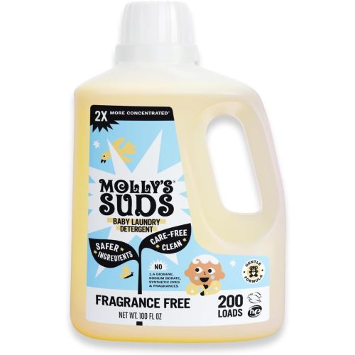 Molly's Suds Baby Liquid Laundry Detergent | Removes Formula, Poop & Spit-Up Stains | Extra Gentle for Infants, Babies, Toddlers (Fragrance Free, 200 Loads)