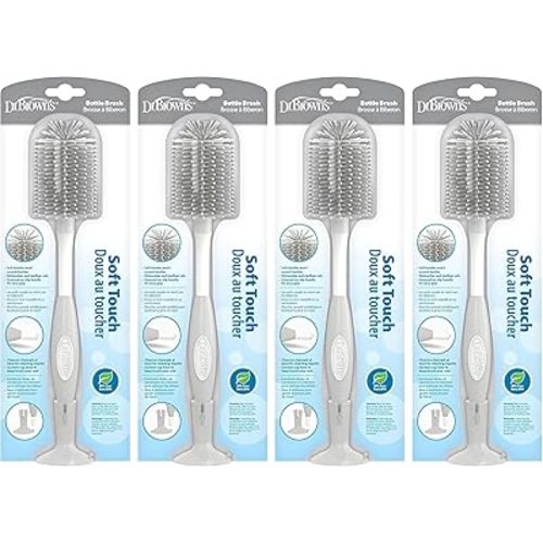 Dr. Brown's Soft Touch No Scratch Baby Bottle Cleaning Brush, Nipple Cleaner & Suction Cup Base for Easy Storage, BPA Free, Gray (Pack of 4)