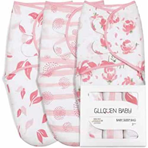 GLLQUEN BABY Organic Girl Swaddle Blankets, Adjustable Infant Swaddle,Newborn Swaddles for 0-3 Months, Baby Sleep Sack,Pink Floral or Dandelions or Leaves,Swaddling Blankets 3 Pack Wrap Set