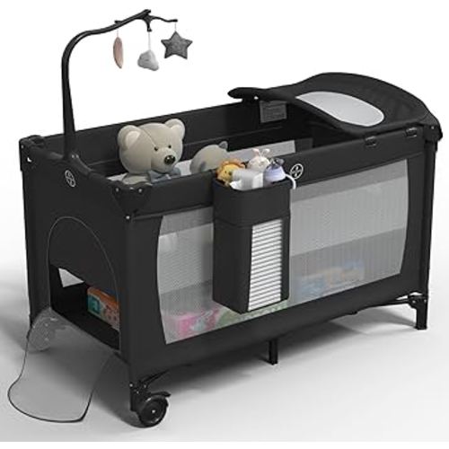 5 in 1 Pack and Play, Baby Bassinet Bedside Sleeper, Extra Large Baby Playard with Wheels, Bedside Crib with Changing Table, Foldable Travel Playard for Newborn to Toddles (Black) 1