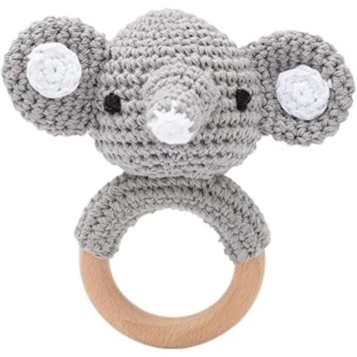 Handcrafted Animal Rattle – Soft Crocheted Toys with Wooden Teether, BPA-Free Animal Rattles in Cotton & Safe Natural Materials (Elephant)