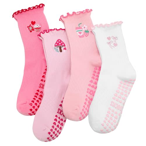 Jspupifip 4 Pairs Cute Pilates Grippy Socks for Women, Ruffle, Non-Slip | 80% Cotton, Non-Slip Grip, Ruffle, Crew Grippy Socks, Yoga, Pilates Barre, Hospital, Home, Women's Athletic Socks