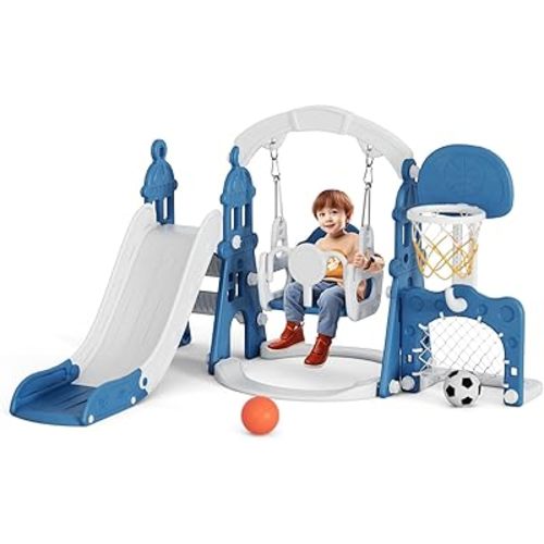 XJD 6-in-1 Toddler Slide and Swing Set, Kids Slide for Toddlers Age 1+, Toddler Outdoor Playset with Basketball Hoop, Football Frame, Swing, Outdoor Indoor Playground for Toddlers 1-3 (Blue)