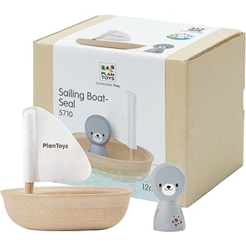 PlanToys® Wooden Sailing Boat Toy with Seal | Bath Time Water Toy for Floating Play, Imagination & Gentle Sensory Exploration | Eco Friendly Toy for Bath and Water Play