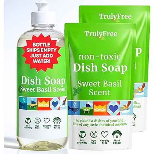Truly Free Non Toxic Dish Soap Kit | Natural Concentrated Dishwashing Liquid - Sweet Basil Scent | Organic Plant-Based | Family Safe - Eco-Friendly Formula | 16 fl oz