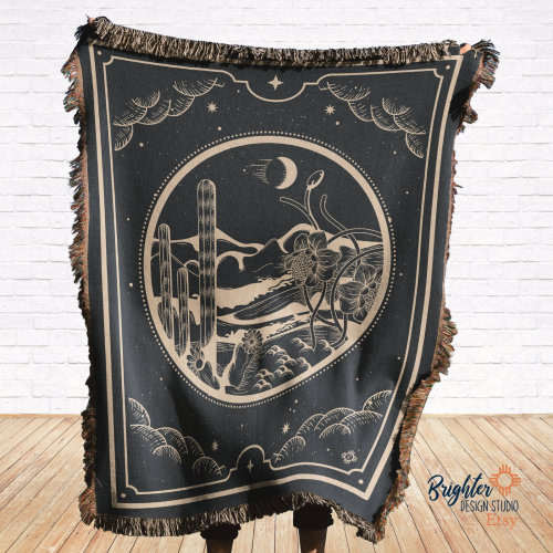 Cactus Rose Throw Blanket: Southwestern Desert Woven Cotton Blanket - Made in USA