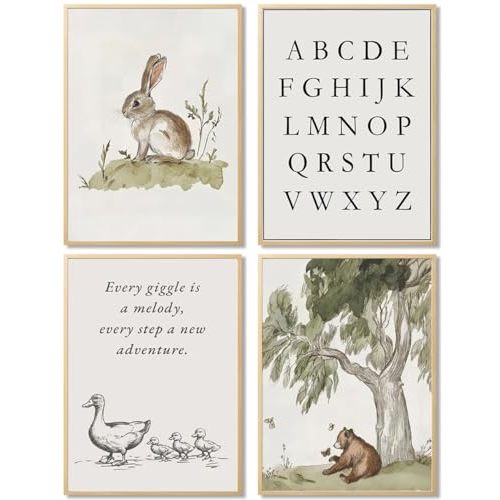 Nursery Gallery Wall Art Animal Canvas Prints Vintage Rustic Poster Set for Kids’ Room Decor Alphabet Inspirational Quotes Wall Art Neutral Baby Room Painting Unframed 8x10 Inches