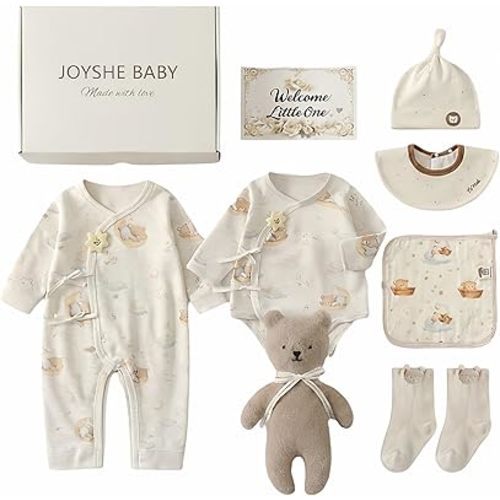 Newborn Baby Gift Set, 8-Piece Cotton Baby Clothes Gift Box for 0-3 Months and 3-6 Months, Baby Shower Welcome Gift
