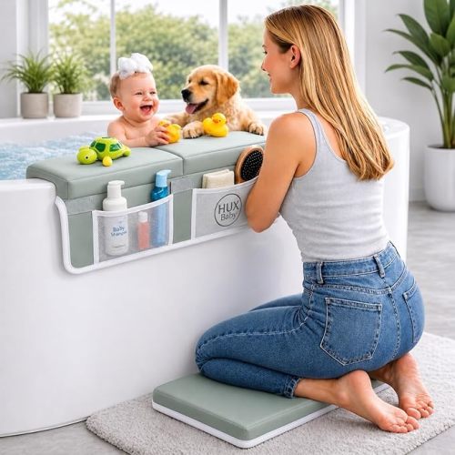 Comfortable Baby Bath Kneeler and Elbow Rest Pad Set, Non-Slip Bathtub Kneeling Pad for Bathing Baby, Bath Tub Cushion Mat, Elbow Pads, Toy Organizer Storage Pockets, Strong Suction Cups (Green Gray)