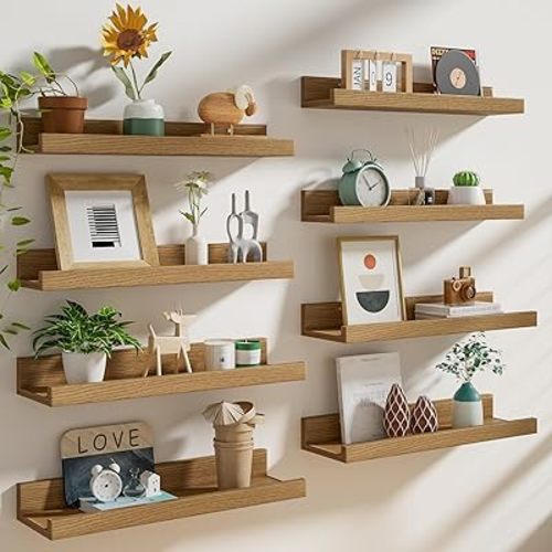 Heimlove 24 inch Picture Ledge Shelf Set of 8,Long Floating Shelves for Wall,Oak Picture Shelf with Lip for Wall Decor,Living Room Bedroom Bookshelf Photo Frames Nursery Book Shelves for Storage