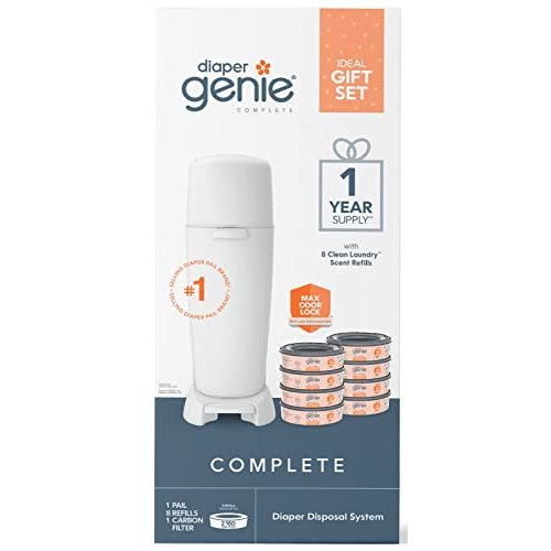 Diaper Genie Registry Gift Set | Includes Diaper Genie Complete Diaper Pail, 8 Refill Bags, 1 Carbon Filter | 1 Year Supply