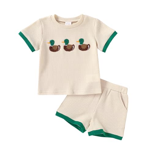 Happy Town Baby Boy Clothes Toddler Infant Summer Outfits Embroiderey Waffle Knit Shorts Set T Shirt Tees