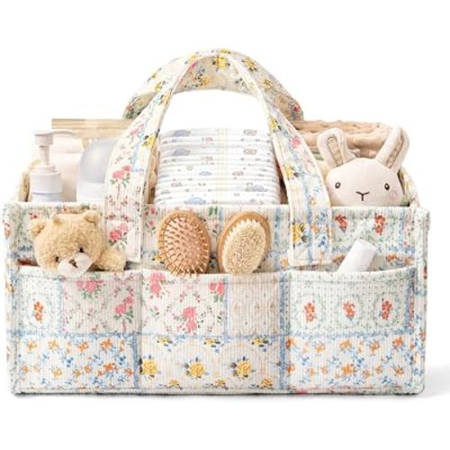 Corduroy Baby Diaper Caddy Organizer with Handles, Nursery Storage Basket