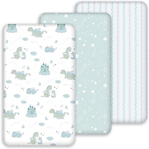 Baby Bassinet Sheets 33x20 for Baby Delight, Newton,Airclub,Maxi Cosi,Angelbliss,Dream on Me,Mika,Harppa,Amke,ezebaby Rectangle Bassinet Mattress - Blue Dinosaur 3 Pack Boy