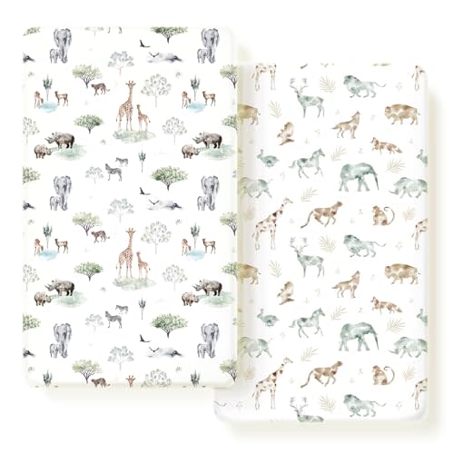Stretch Ultra Soft Jersey Knit Fitted Crib Sheets Set 2 Pack,Fit All Standard Crib Mattress Pads Safe and Snug, Crib Fitted Sheet for Baby, Stylish African Savannah Animals Pattern