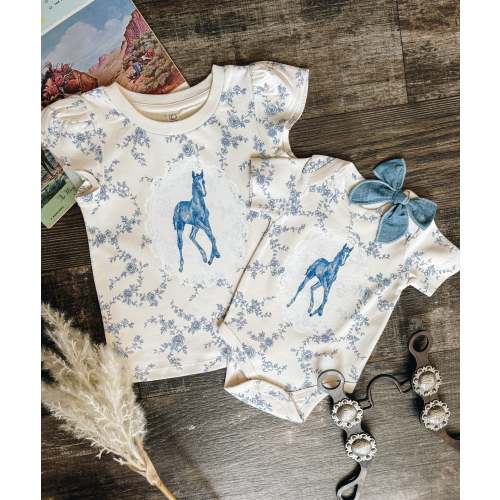 Blue Foal Doily Petal Sleeve Top (Baby & Toddler) - Serena Floral / Rain