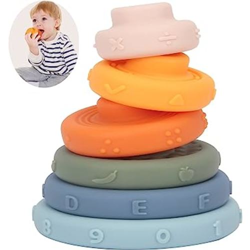 PULASIDO Baby Toys 6-8-12 Months,6 Pcs Stacking Rings Soft Toys&Teething Toys,Squeeze Play with Early STEM Learning Toy,Christmas Stocking Stuffers for Infant Baby Boy Girl Gifts