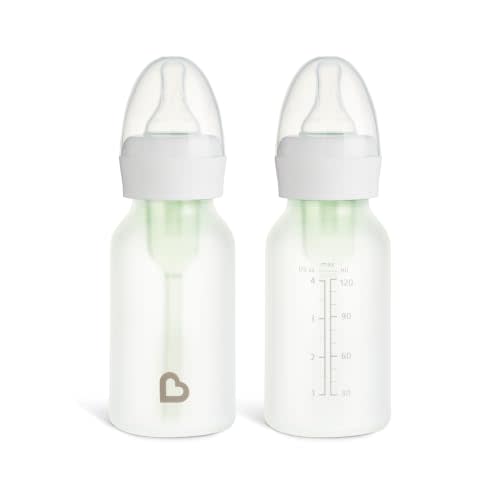 Munchkin Bond Glass Baby Bottles, Anti Colic Baby Bottles for Newborns, 4 oz Silicone Coated BPA Free Slow Flow Bottles for Breastfed Babies, Infant Feeding Bottle Set, 2 Pack, White