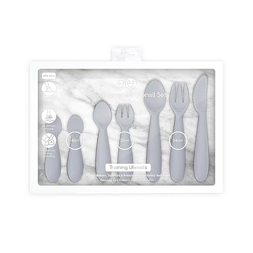 ezpz Developmental Utensil Set (Pewter) - 100% BPA Free Fork, Spoon, Knife for Babies, Toddlers and Preschool - First Foods + Self-Feeding - Designed by a Pediatric Feeding Specialist