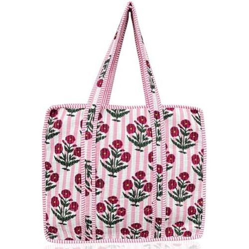 100% Cotton Quilted Tote Bag For Women 18x16– Large Zipper Reusable Beach Bag & Travel Bag Purse