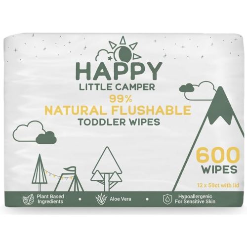 Happy Little Camper Natural Flushable Wipes - Hypoallergenic Wet Wipes with Aloe Vera, Chamomile and Pomegranate Extract - Unscented Baby Wipes Safe for Sensitive Skin - 600 Count