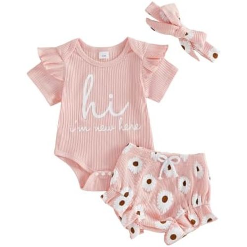 Sejardin Infant Baby Girl Summer Clothes Ribbed Short Sleeve Letter Romper + Daisy Print Shorts + Headband Newborn Outfit