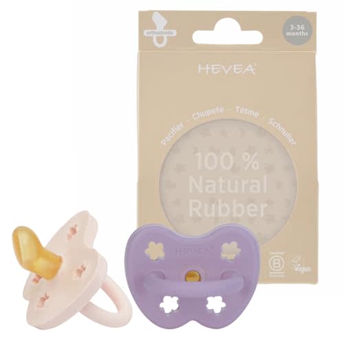HEVEA Natural Rubber Pacifier Orthodontic 3-36 Months Two-Pack - Powder Pink & Lavender