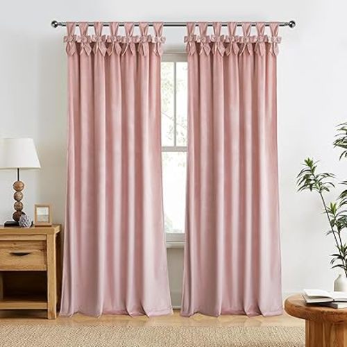 HIG Dusty Pink Velvet Curtains 84 Inches, Room Darkening Drapes with Handmade Bow Tie Pearl Tabs for Living Room, Thermal Insulated Window Treatment for Bedroom, W52 x L84 inch, 2 Panels